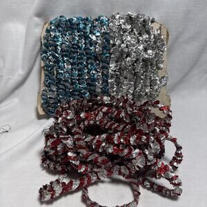 3 MCM Aluminum XMAS Tree Twisted Foil Garland in Blue, Silver & Red 122” Ea.